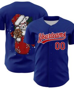 Custom Royal Red-White 3D Funny Christmas Authentic Baseball Jersey