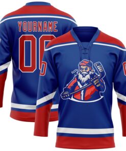 Custom Royal Red-White Christmas Santa Claus 3D Hockey Lace Neck Jersey