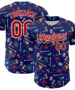 Custom Royal Red-White Comic Doodle Ballgame 3D Pattern Design Authentic Baseball Jersey