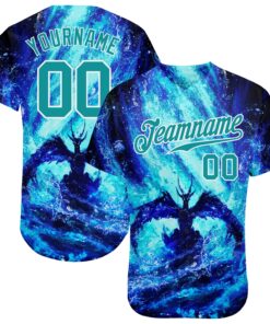 Custom Royal Teal-White 3D Pattern Design Water Dragon Authentic Baseball Jersey