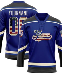 Custom Royal Vintage USA Flag Black-Cream Hockey Lace Neck Jersey