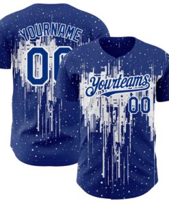 Custom Royal White 3D Pattern Design Dripping Splatter Art Authentic Baseball Jersey