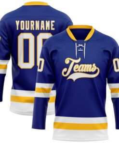 Custom Royal White-Gold Hockey Lace Neck Jersey