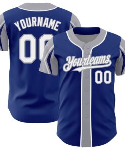 Custom Royal White-Gray 3 Colors Arm Shapes Authentic Baseball Jersey