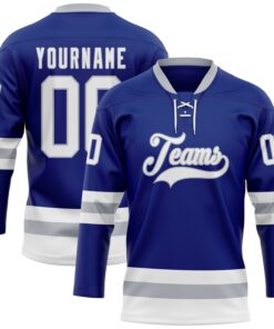 Custom Royal White-Gray Hockey Lace Neck Jersey