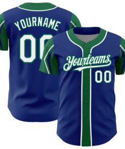 Custom Royal White-Kelly Green 3 Colors Arm Shapes Authentic Baseball Jersey