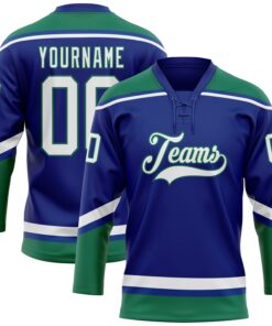 Custom Royal White-Kelly Green Hockey Lace Neck Jersey