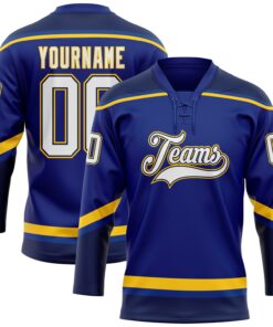 Custom Royal White Navy-Yellow Hockey Lace Neck Jersey