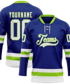 Custom Royal White-Neon Green Hockey Lace Neck Jersey
