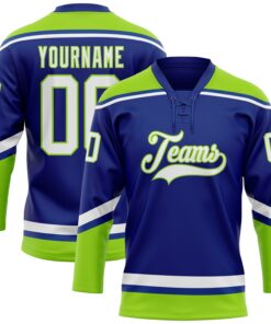 Custom Royal White-Neon Green Hockey Lace Neck Jersey