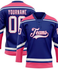 Custom Royal White-Neon Pink Hockey Lace Neck Jersey