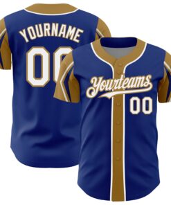 Custom Royal White-Old Gold 3 Colors Arm Shapes Authentic Baseball Jersey