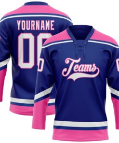 Custom Royal White-Pink Hockey Lace Neck Jersey