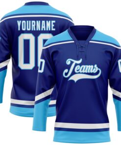 Custom Royal White-Sky Blue Hockey Lace Neck Jersey