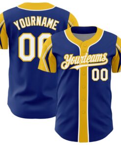 Custom Royal White-Yellow 3 Colors Arm Shapes Authentic Baseball Jersey