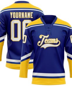 Custom Royal White-Yellow Hockey Lace Neck Jersey