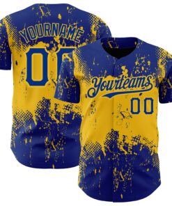 Custom Royal Yellow 3D Pattern Design Abstract Splatter Grunge Art Authentic Baseball Jersey