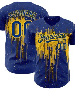 Custom Royal Yellow 3D Pattern Design Dripping Splatter Art Authentic Baseball Jersey