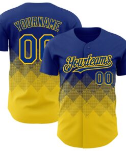 Custom Royal Yellow 3D Pattern Design Gradient Square Shapes Authentic Baseball Jersey
