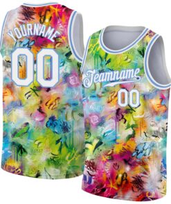 Custom Scratch Graffiti Pattern White-Light Blue 3D Authentic Basketball Jersey