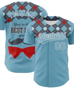 Custom Shadow Blue White 3D Pattern Design Father's Day Mustache Authentic Baseball Jersey