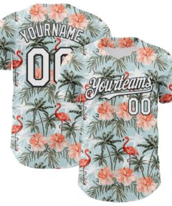 Custom Shadow Blue White-Black 3D Hawaii Tropical Palm Tree Flamingo Authentic Baseball Jersey