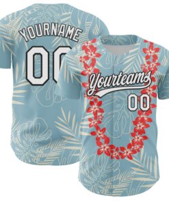 Custom Shadow Blue White-Black 3D Tropical Hawaii Leaves And Flower Authentic Baseball Jersey