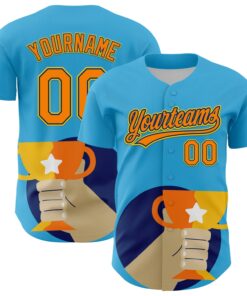Custom Sky Blue Bay Orange US Navy Blue-Yellow 3D Pattern Design Champion Trophy Authentic Baseball Jersey