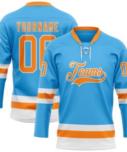 Custom Sky Blue Bay Orange-White Hockey Lace Neck Jersey
