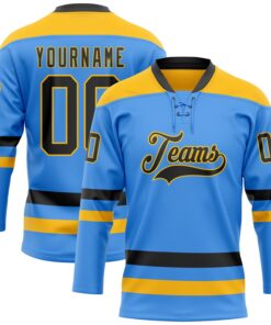 Custom Sky Blue Black-Gold Hockey Lace Neck Jersey