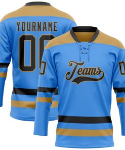 Custom Sky Blue Black-Old Gold Hockey Lace Neck Jersey