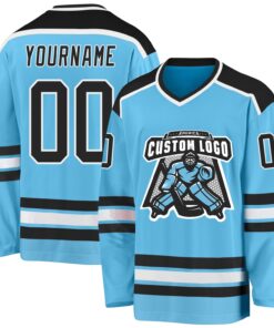 Custom Sky Blue Black-White Hockey Jersey