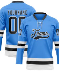 Custom Sky Blue Black-White Hockey Lace Neck Jersey