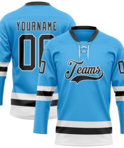 Custom Sky Blue Black-White Hockey Lace Neck Jersey