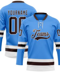 Custom Sky Blue Brown-White Hockey Lace Neck Jersey