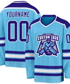 Custom Sky Blue Dark Purple-White Hockey Jersey