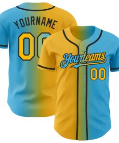 Custom Sky Blue Gold-Black Authentic Gradient Fashion Baseball Jersey