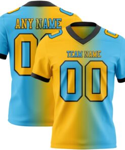Custom Sky Blue Gold-Black Mesh Authentic Gradient Fashion Football Jersey
