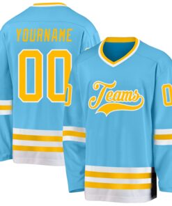 Custom Sky Blue Gold-White Hockey Jersey