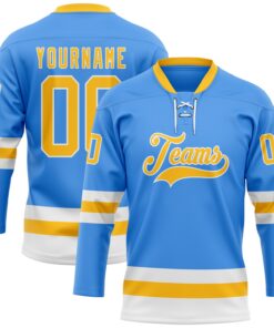 Custom Sky Blue Gold-White Hockey Lace Neck Jersey
