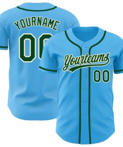 Custom Sky Blue Green-Cream Authentic Baseball Jersey