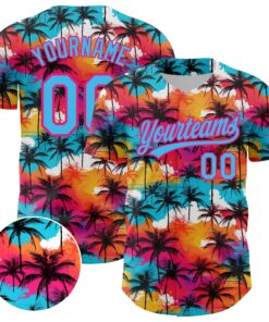 Custom Sky Blue Hot Pink 3D Pattern Design Tropical Hawaii Palm Trees Authentic Baseball Jersey