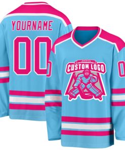 Custom Sky Blue Hot Pink-White Hockey Jersey