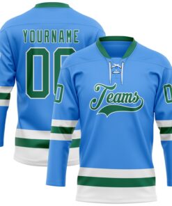 Custom Sky Blue Kelly Green-White Hockey Lace Neck Jersey