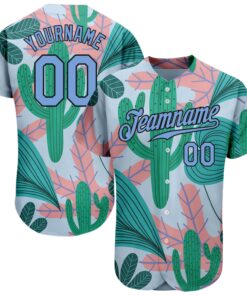 Custom Sky Blue Light Blue-Black 3D Pattern Design Cactus And Leaves Authentic Baseball Jersey