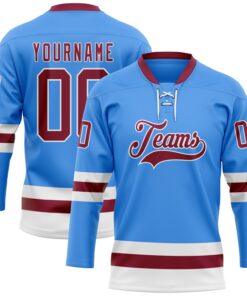 Custom Sky Blue Maroon-White Hockey Lace Neck Jersey