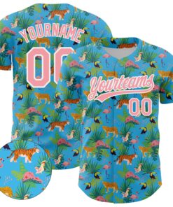 Custom Sky Blue Medium Pink-White 3D Pattern Design Animal Tiger Leopard Flamingo And Hawaii Palm Leaves Authentic Baseball Jersey