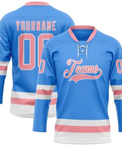 Custom Sky Blue Medium Pink-White Hockey Lace Neck Jersey