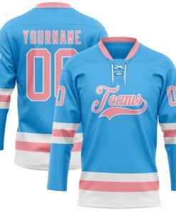 Custom Sky Blue Medium Pink-White Hockey Lace Neck Jersey