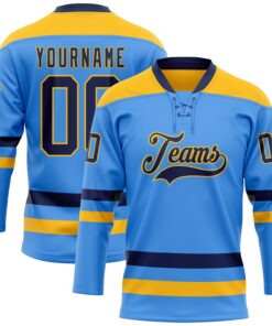 Custom Sky Blue Navy-Gold Hockey Lace Neck Jersey